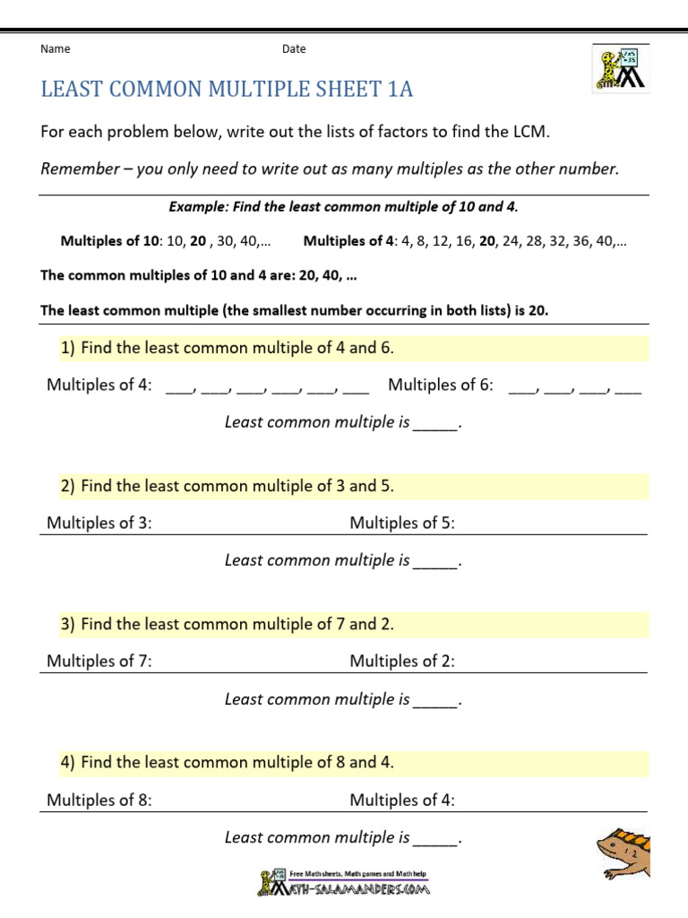 LCM Calculation Worksheet and Answers | PDF