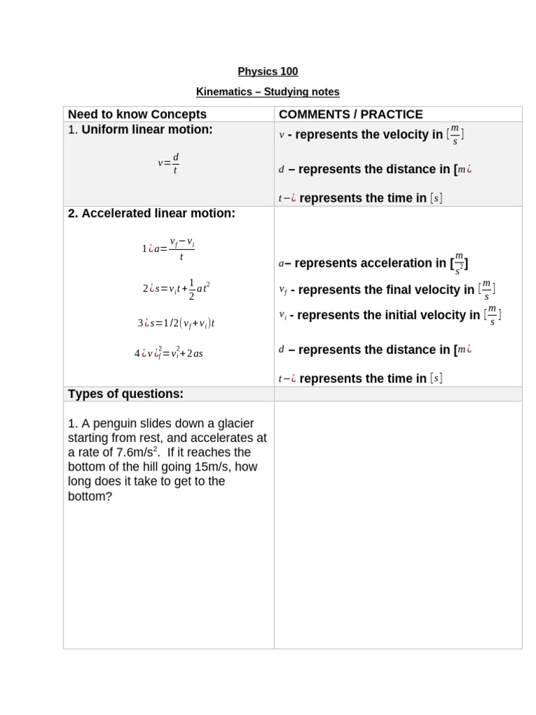 Kinematics Study Notes and Practice | PDF