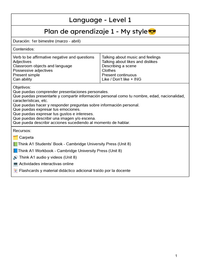 Level 1 English Learning Plan | PDF | Question | Linguistics