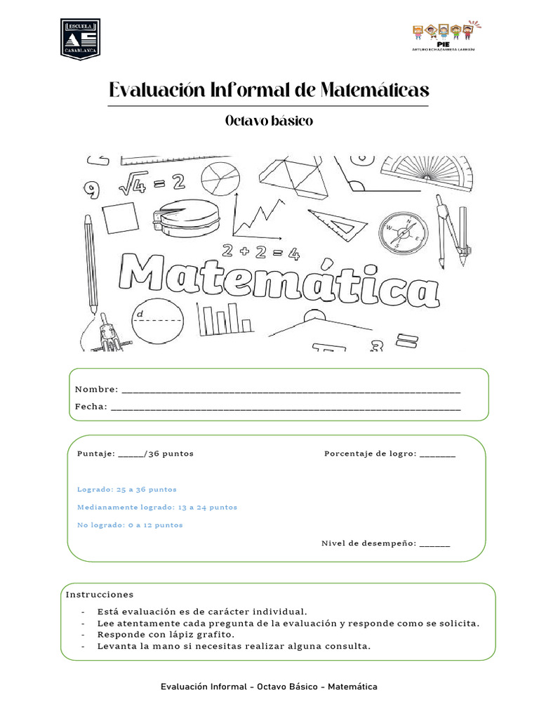 Evaluación Matemática Octavo Básico | PDF | Sustracción | Ecuaciones