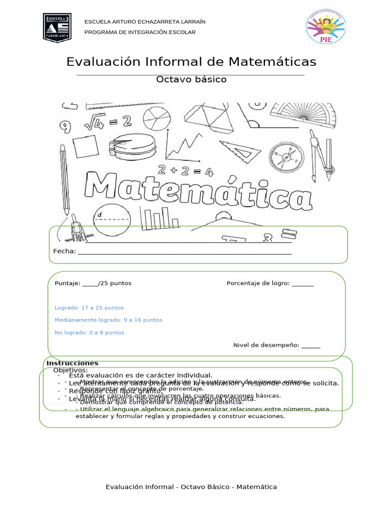 Evaluación Matemáticas Octavo Básico | PDF | Integral | Ecuaciones