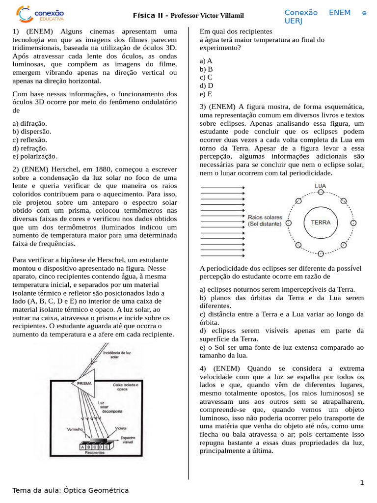 Questões de Óptica para ENEM e UERJ | PDF | Ótica | Luz