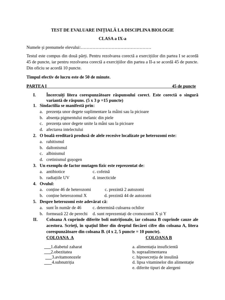 Test de Evaluare Initiala La Disciplina Biologie Clasa A Ixa | PDF