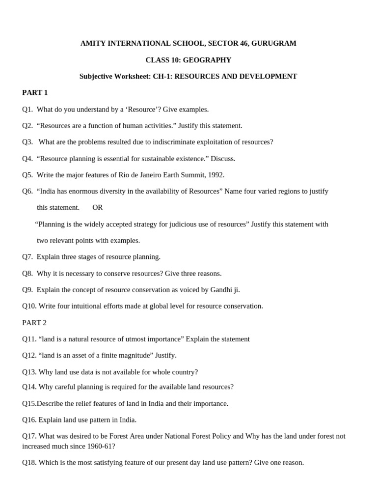 Class 10 Geography: Resources & Development Worksheet | PDF | Natural ...