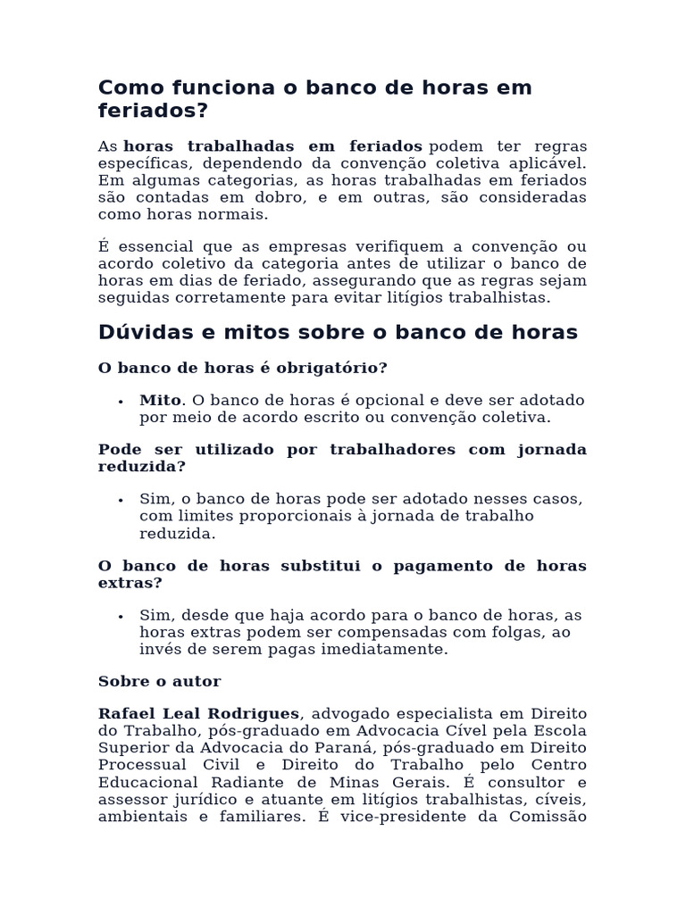 Banco de Horas em Feriados: Regras e Mitos | PDF | Advogado | Férias ...