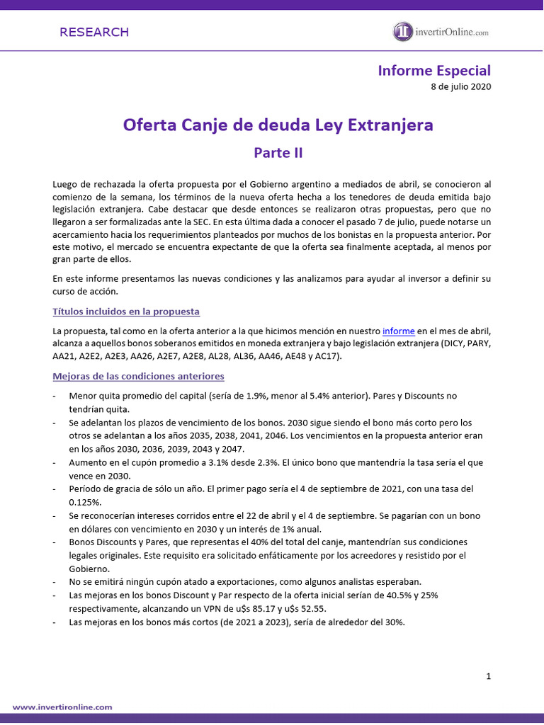 Research Canje Deuda 07-2020 | PDF | Inversiones | Dinero