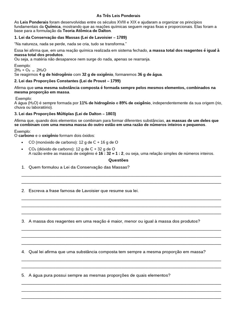 As Três Leis Ponderais da Química | PDF | Química | Reações químicas