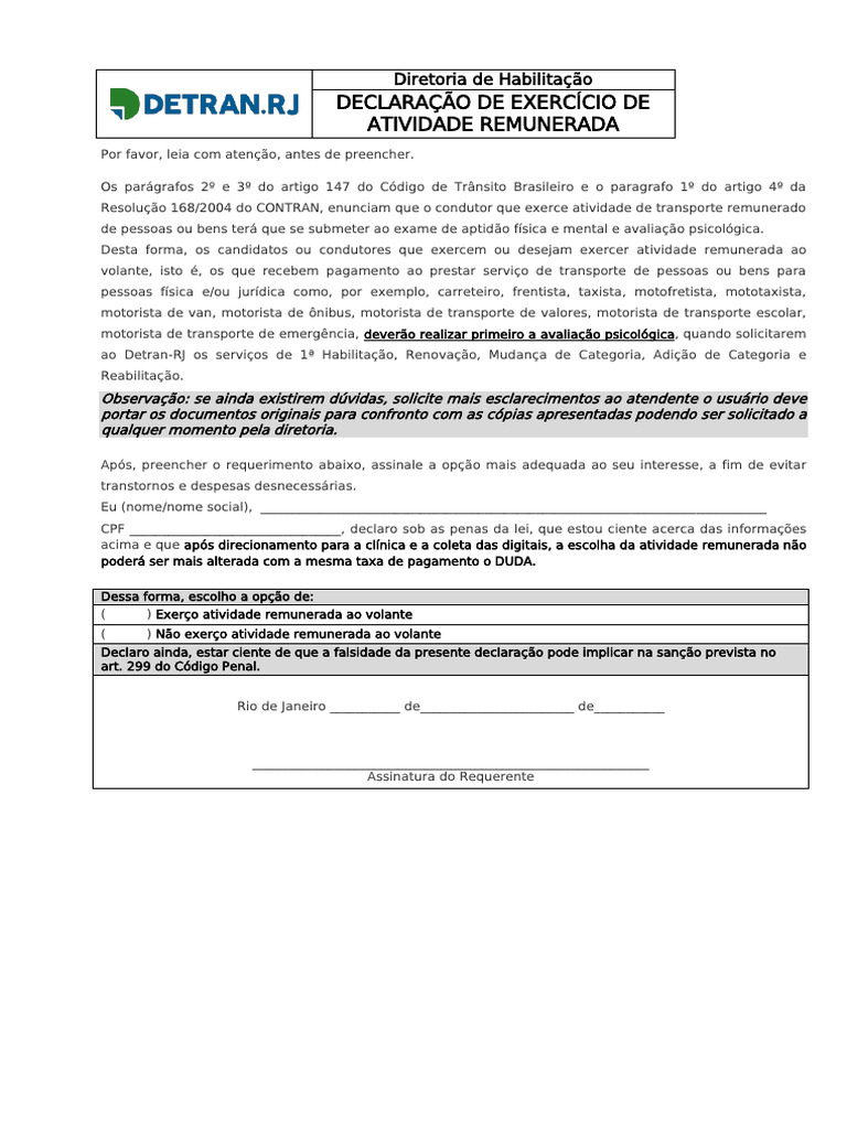 Declaração de Atividade Remunerada Detran RJ | PDF