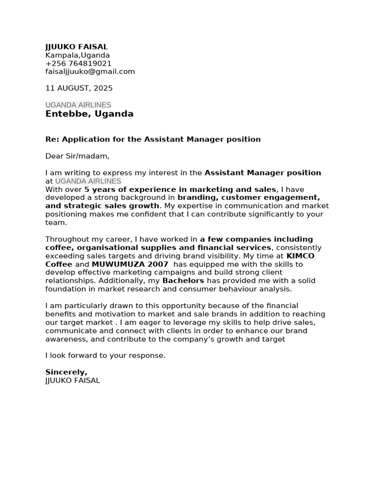 Assistant Manager Application - Uganda Airlines | PDF