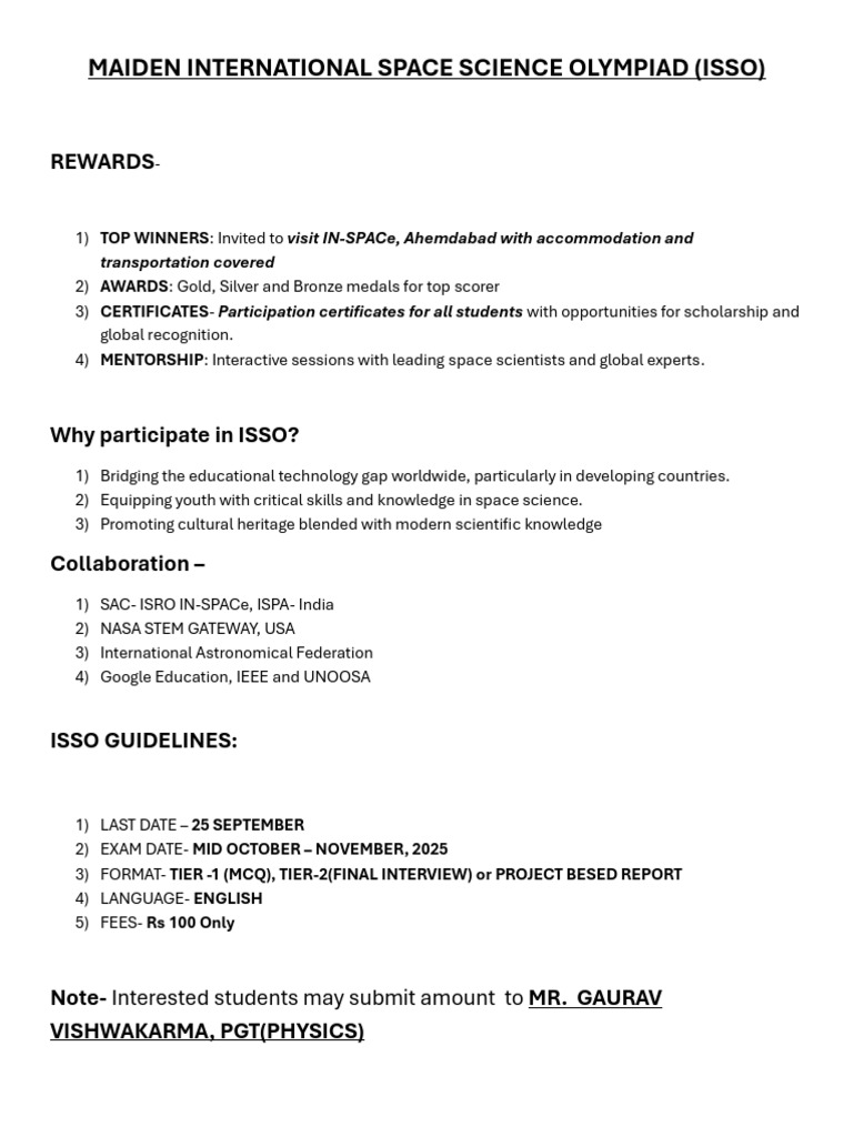 ISSO 2025: Space Science Olympiad Details | PDF