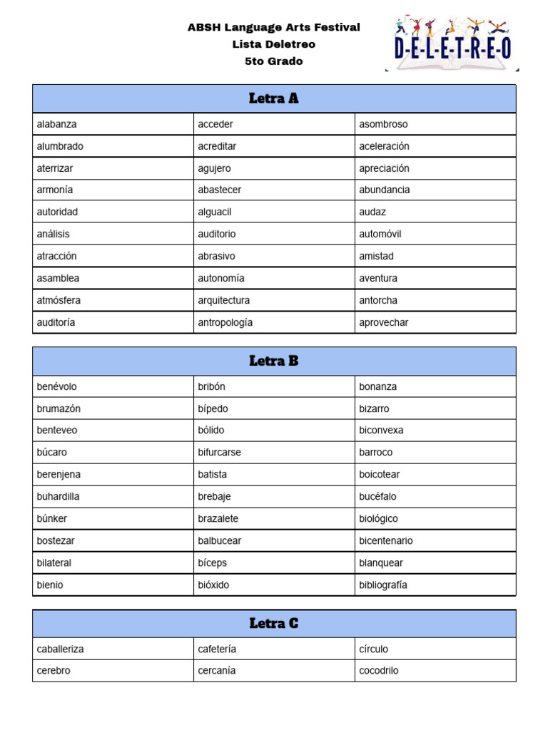 Lista de Deletreo 5to Grado ABSH | PDF