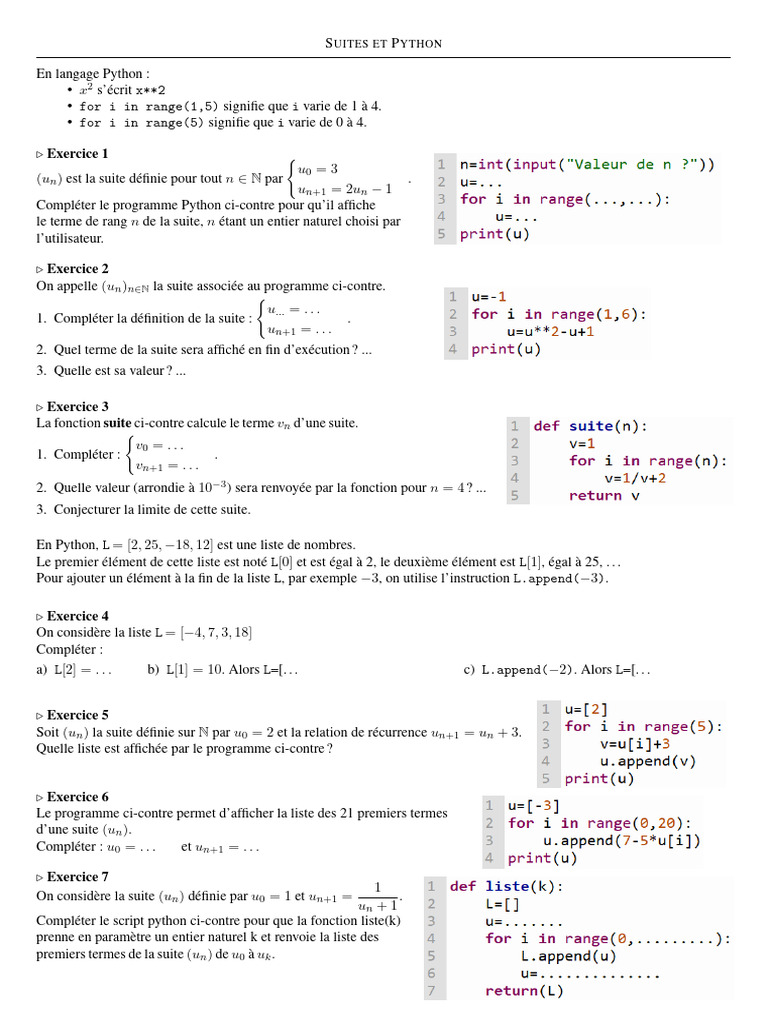 Suites en Python : Exercices et Solutions | PDF