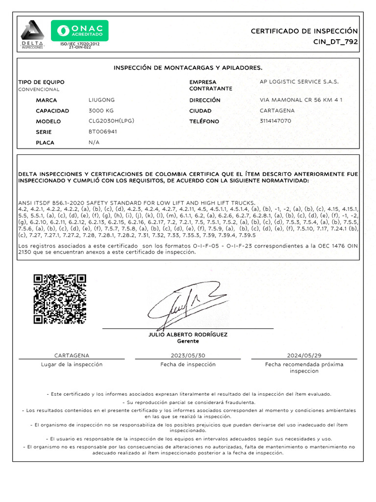 Oec 1476 Oin 2130 Mon Liugong Certy | PDF