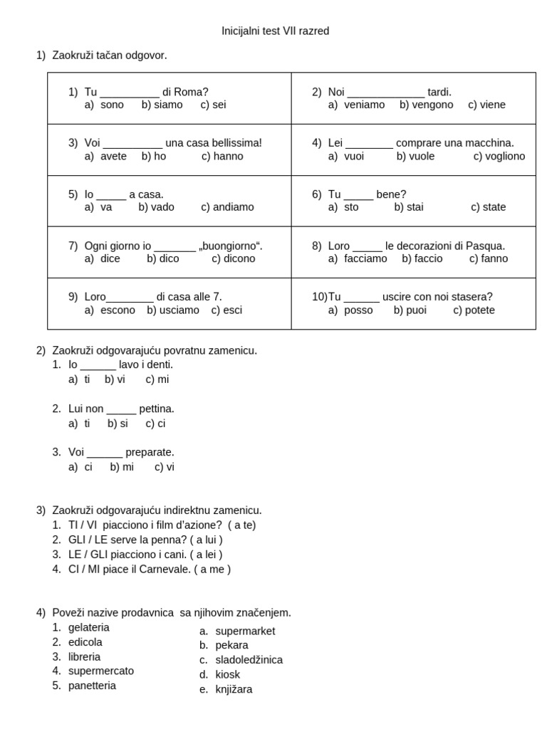 Inicijalni Test VII Razred | PDF