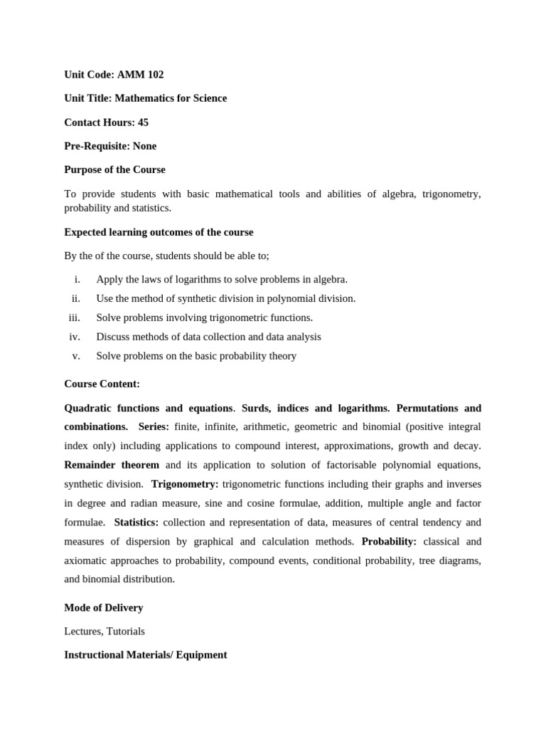 Mathematics for Science Course Overview | PDF | Algebra | Mathematics