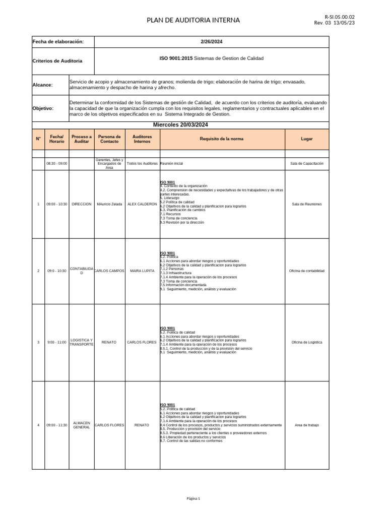 Plan de Auditoría Interna ISO 9001:2015 | PDF | Auditoría | Sistema de ...
