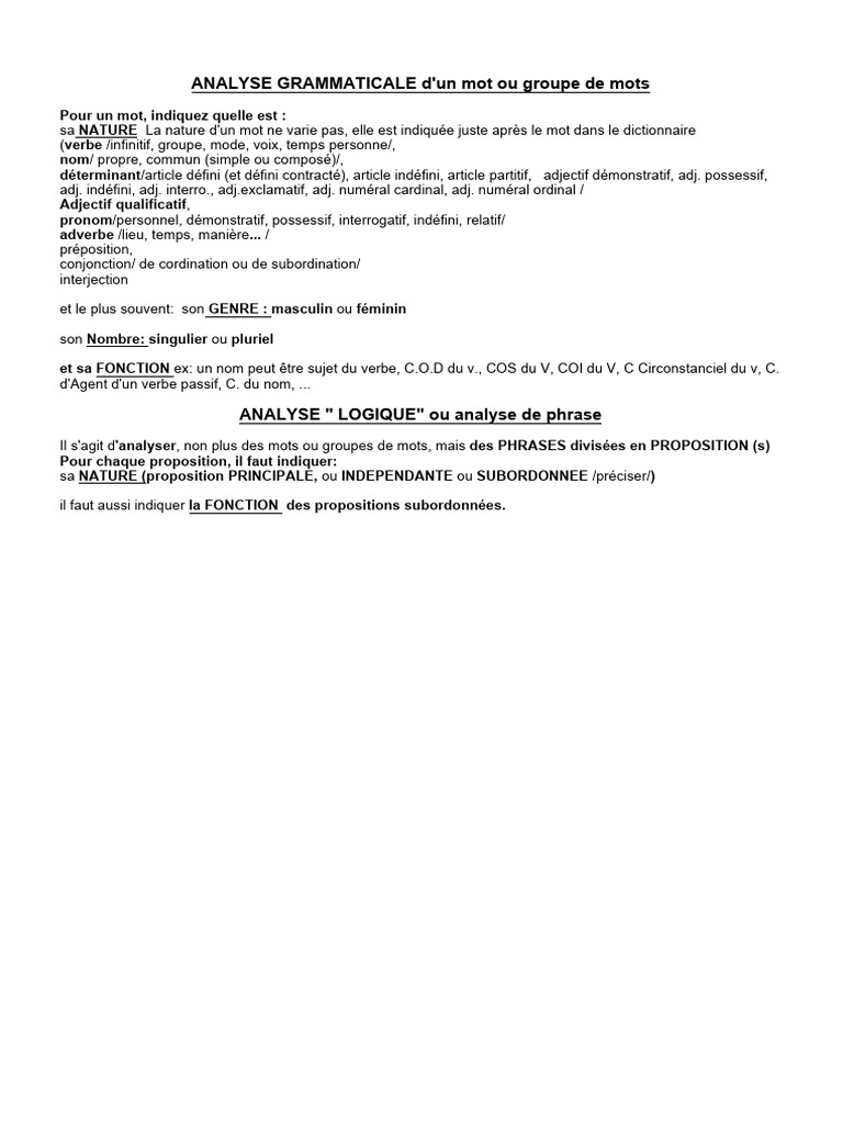 Analyse grammaticale et fonctionnelle des mots | PDF | Clause | Nature ...