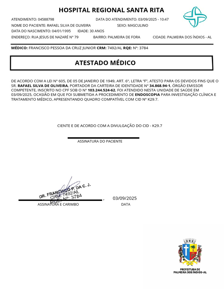 Atestado Médico - CID K29.7 | PDF