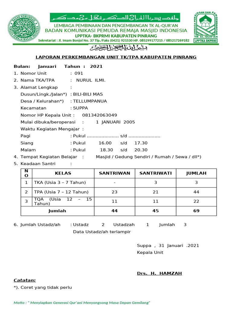 Laporan Bulanan TK-TPA | PDF