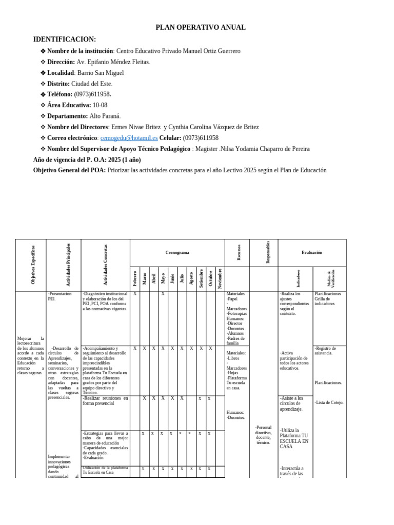 Plan Operativo Anual 2025 del CEP Manuel Ortiz | PDF | Escuelas ...