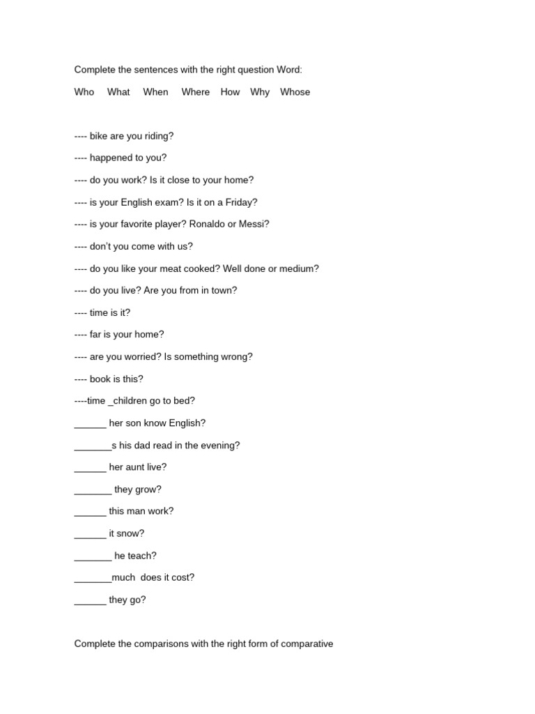 Question Words and Comparatives Exercise | PDF