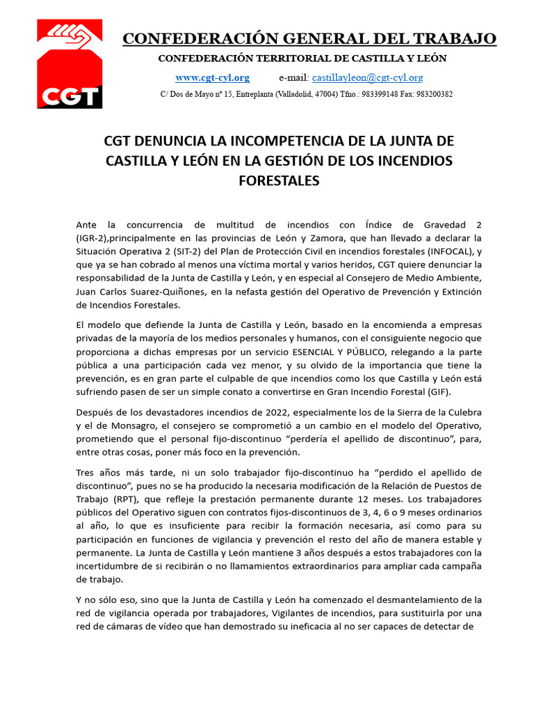 CGT Denuncia Gestión de Incendios en CyL | PDF