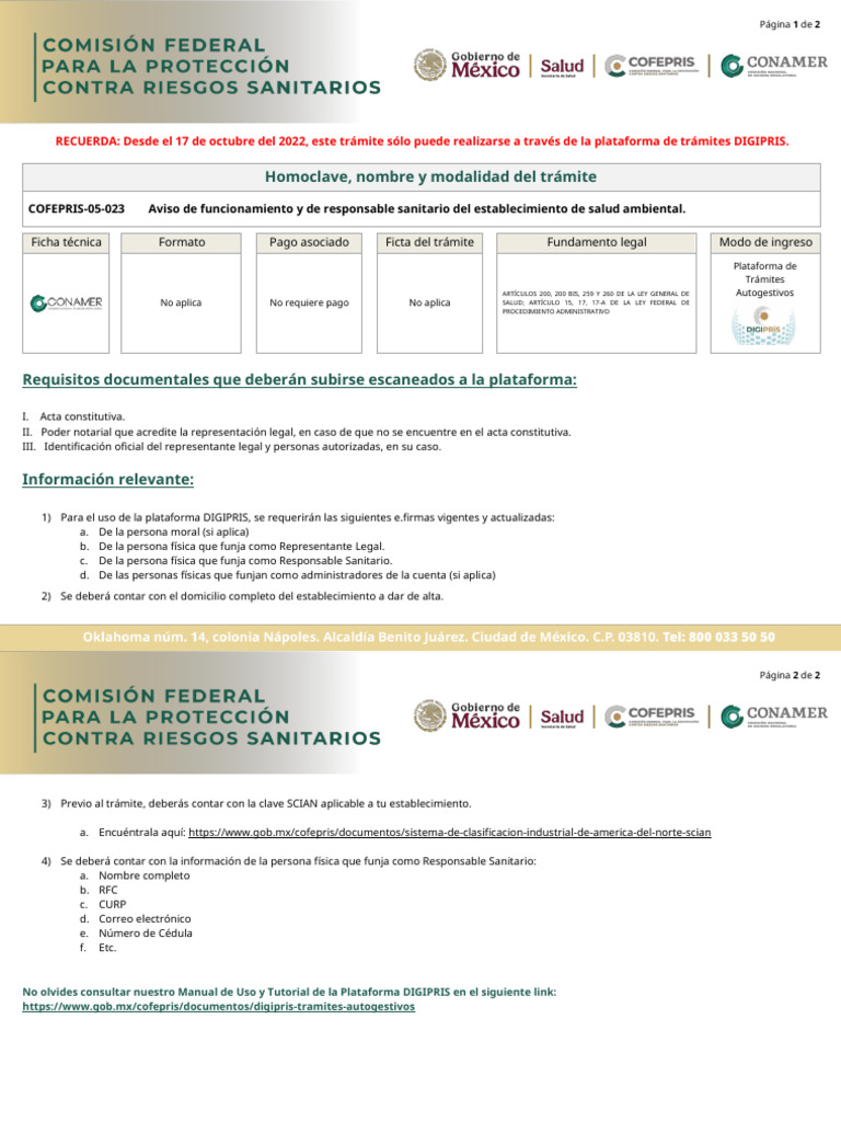 Aviso de Funcionamiento COFEPRIS-05-023 | PDF