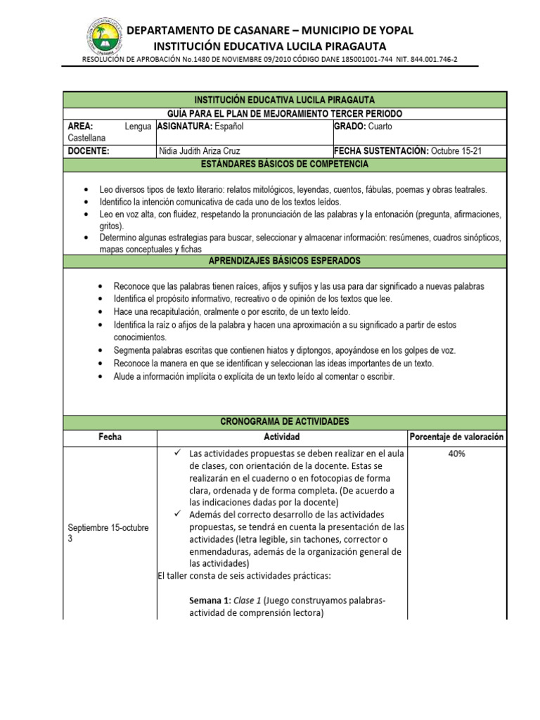Plan de Mejoramiento en Español 4° | PDF | Comprensión lectora | Lengua ...