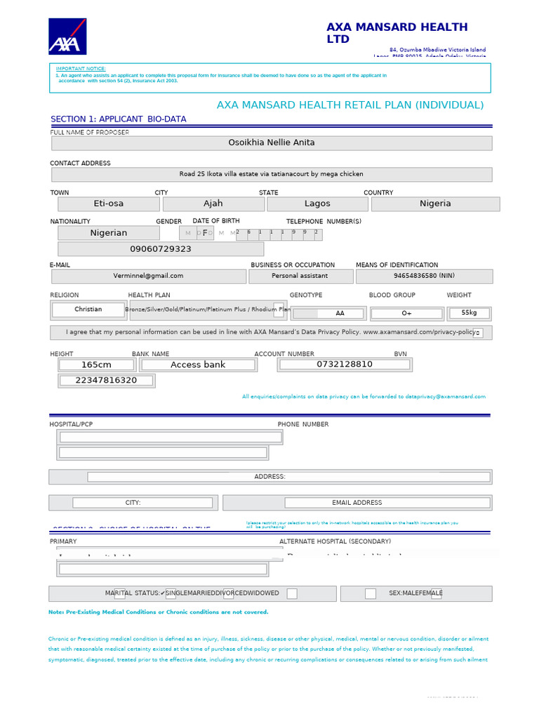 AXA Mansard Health Insurance Proposal Form | PDF | Chronic Obstructive ...