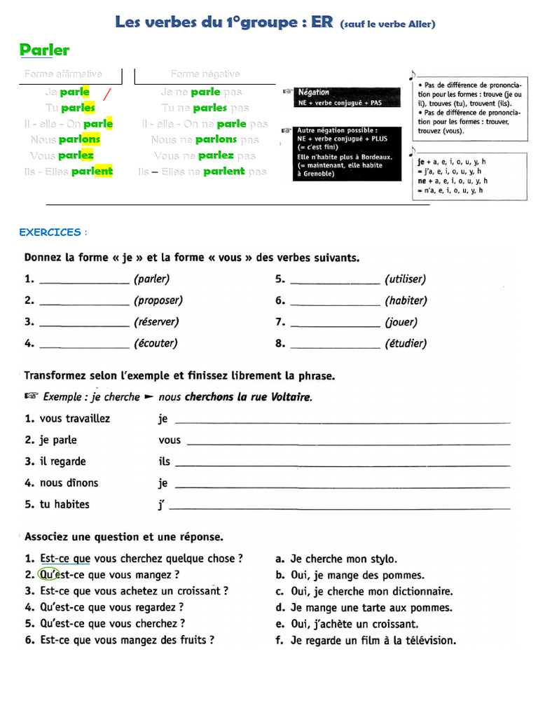 Verbes du 1er groupe : ER en français | PDF