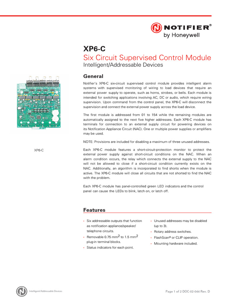 957 HBT FIRE 02 044 XP6 C 6 Circuit Supervised Control Module RevD ...