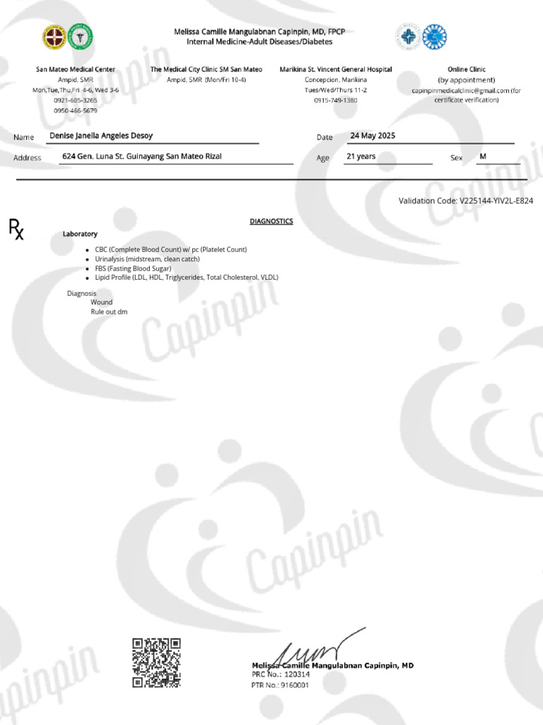 Diagnostics Laboratory: Validation Code: V225144-YIV2L-E824 | PDF