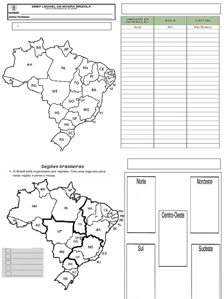 Geografia 4 Ano- Divisão Política e Regional Do Brasil | PDF | Brasil ...