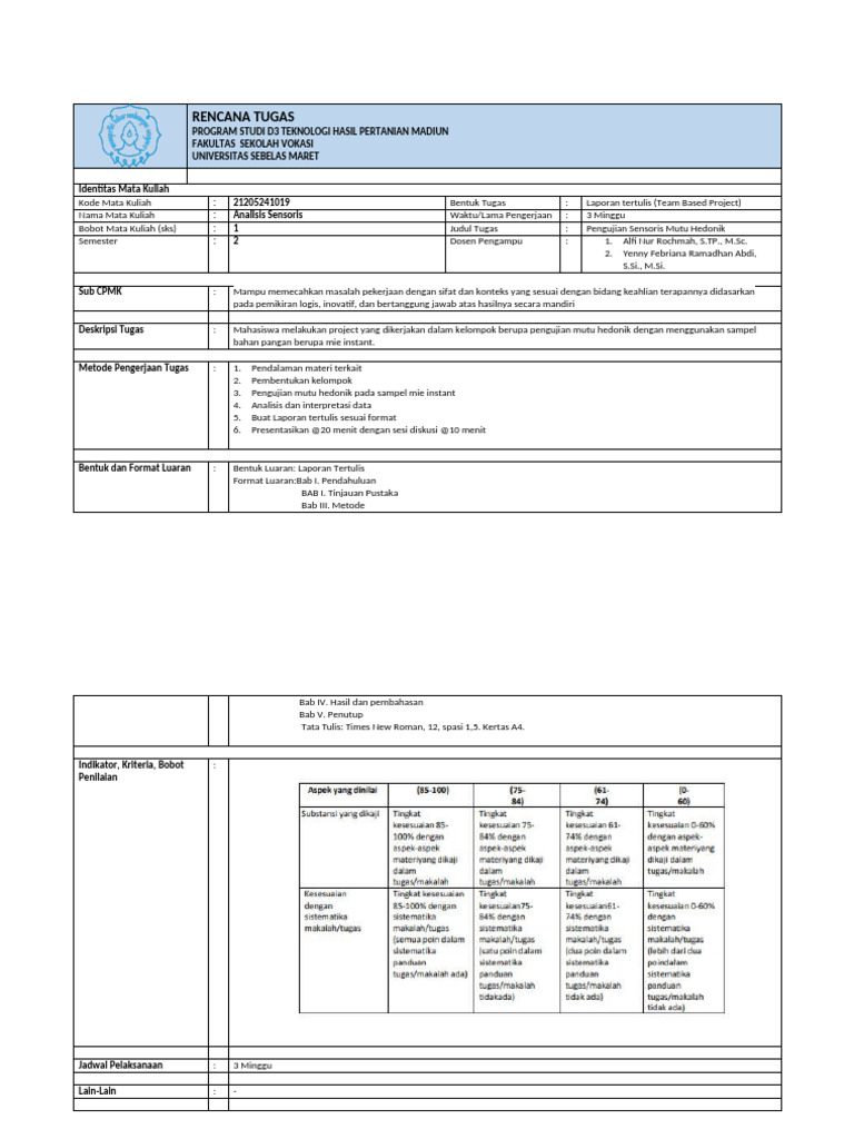 Contoh - RPS - Rencana Tugas MK Analisis Sensoris | PDF