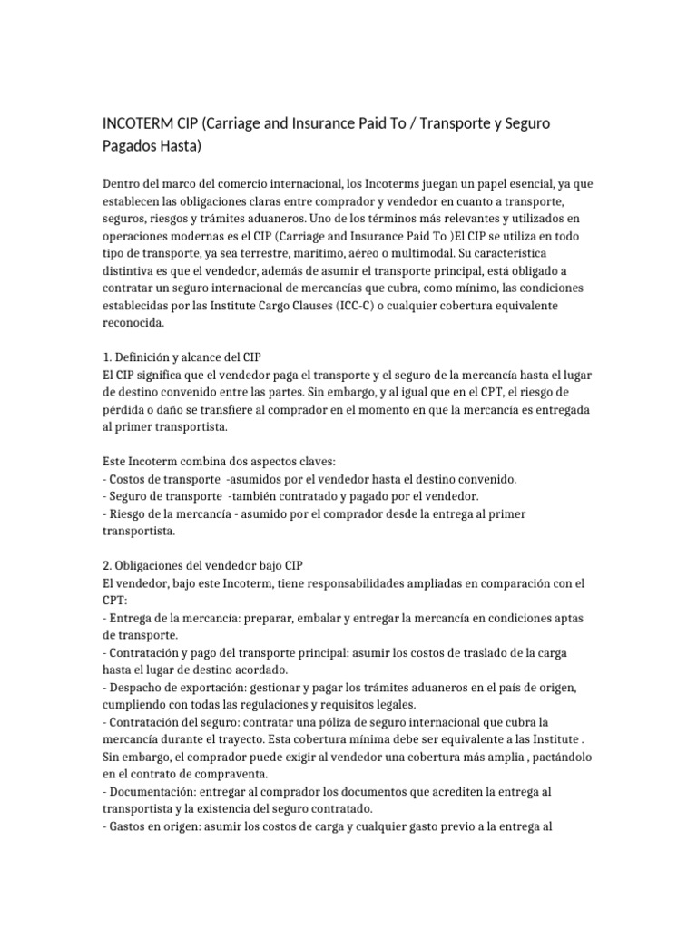 Incoterm CIP: Transporte y Seguro Pagados | PDF | Comercio | Economias