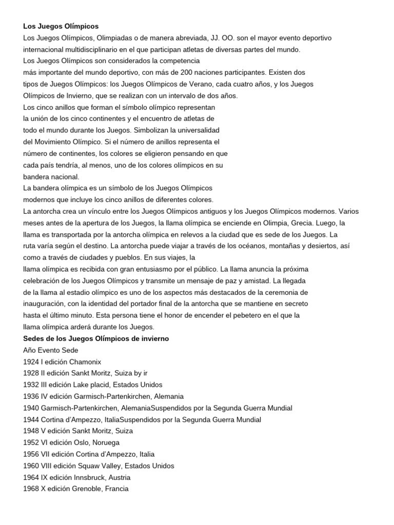 Historia y Sedes de los Juegos Olímpicos | PDF | Juegos olímpicos ...