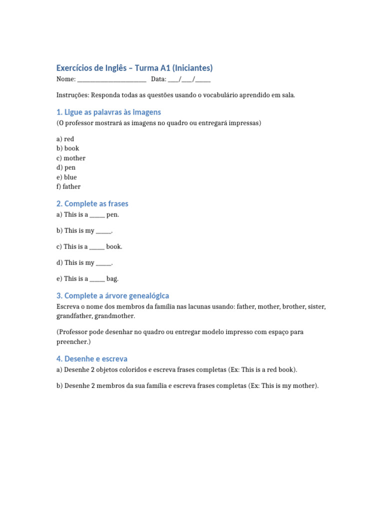 Exercícios de Inglês para Iniciantes A1 | PDF