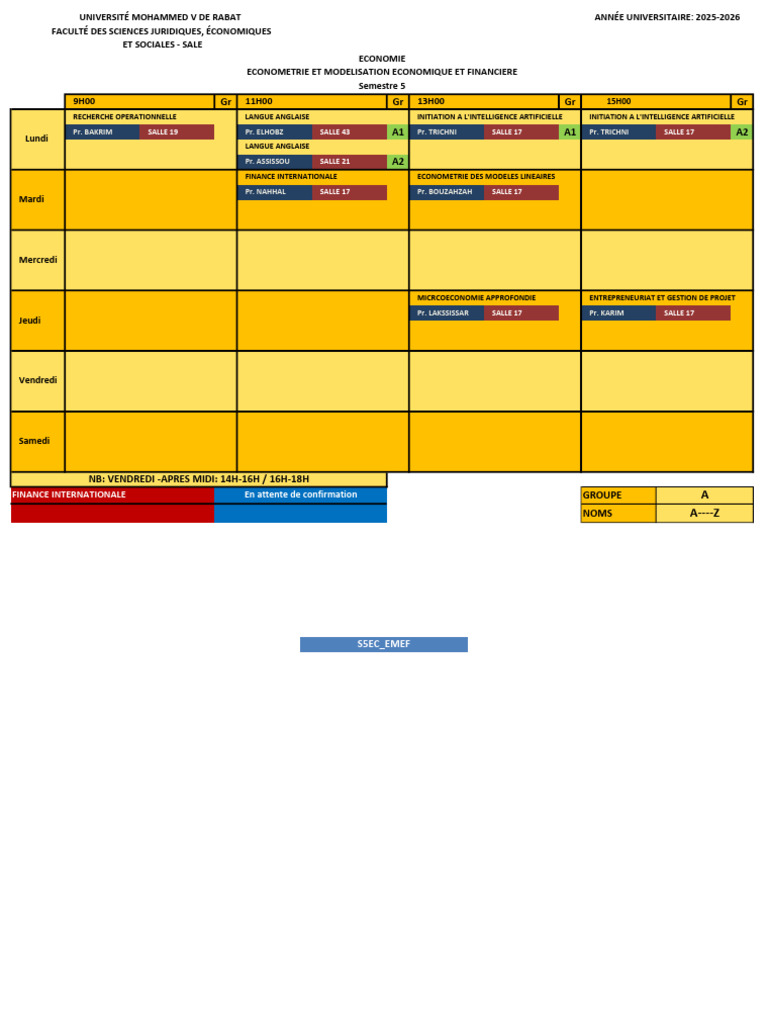 Emploi du temps S5 Économie 2025-2026 | PDF
