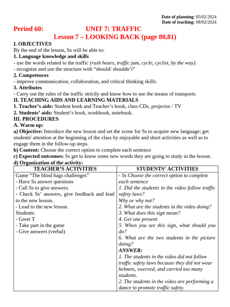 E7 - Unit 7 - Period 60 - Looking Back | PDF | Teachers | Procedural ...