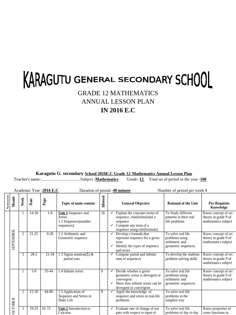 Grade 12 Math Annual Lesson Plan 2016 | PDF | Derivative | Mathematics