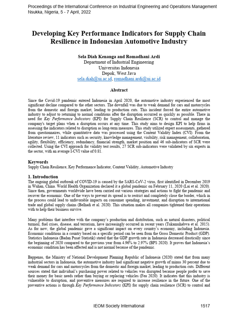 KPIs for Supply Chain Resilience in Automotive | PDF | Performance ...