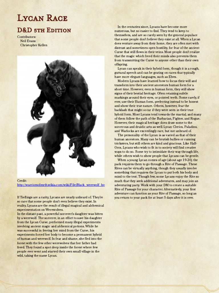 Lycan Race Overview for D&D 5E | PDF | Werewolves | Dungeons & Dragons