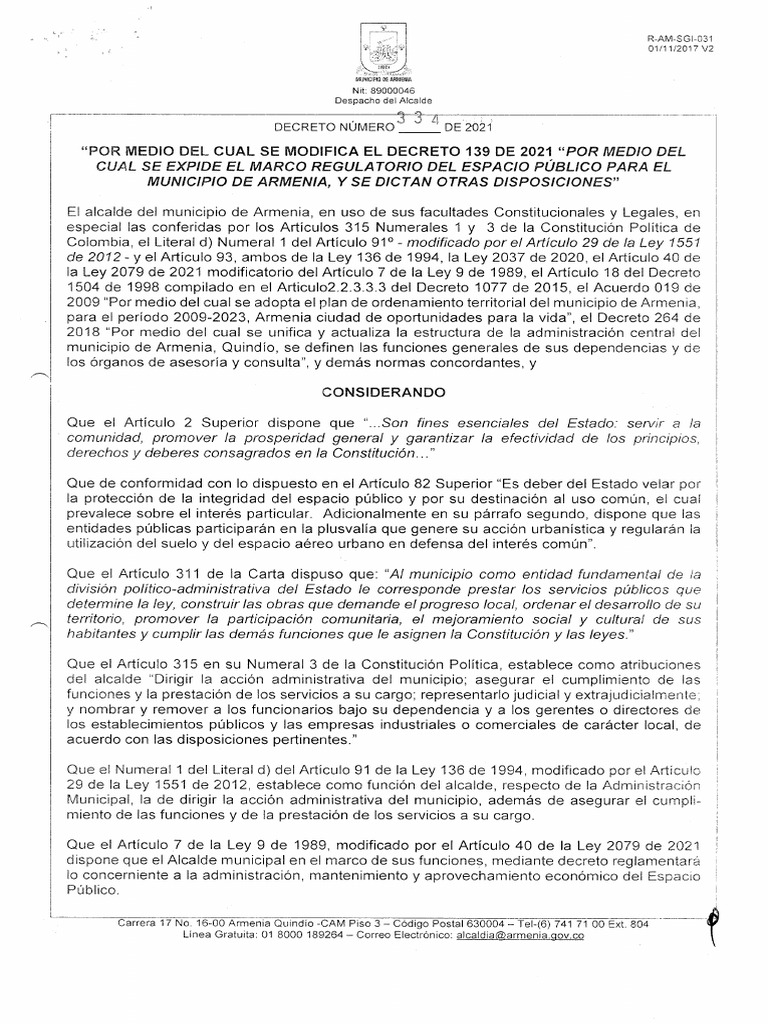 Espacio Público Decreto 334 de 2021 Municipio de Armenia | PDF