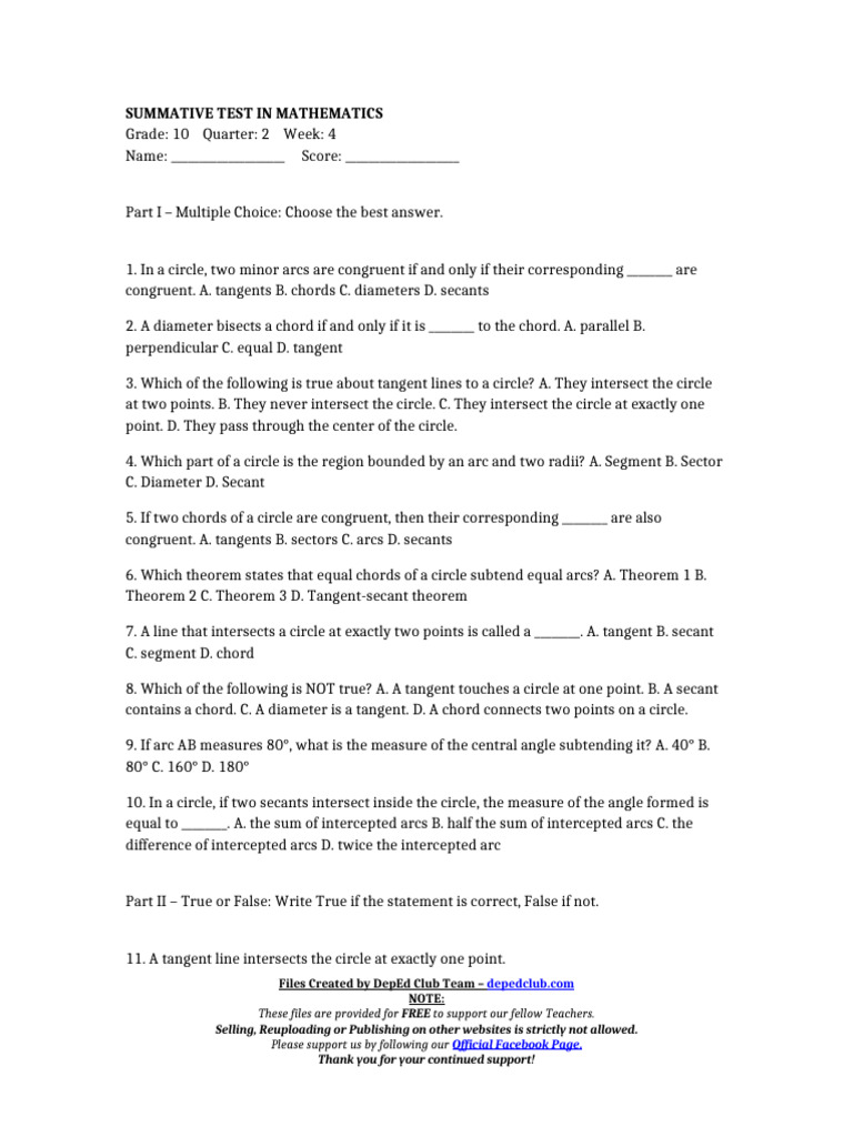 Grade 10 Math Circle Test | PDF | Circle | Angle