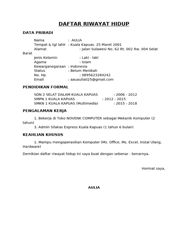 Daftar Riwayat Hidup Aulia 2023 | PDF