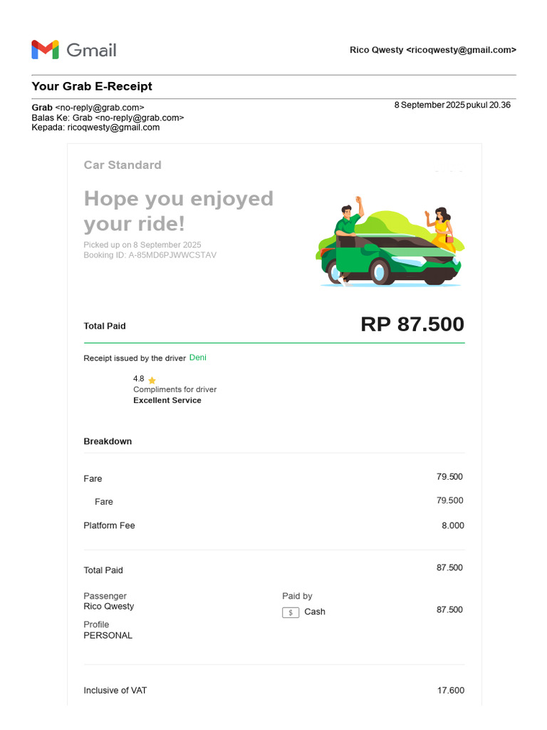 Gmail - Your Grab E-Receipt Car From Travel To Home | PDF
