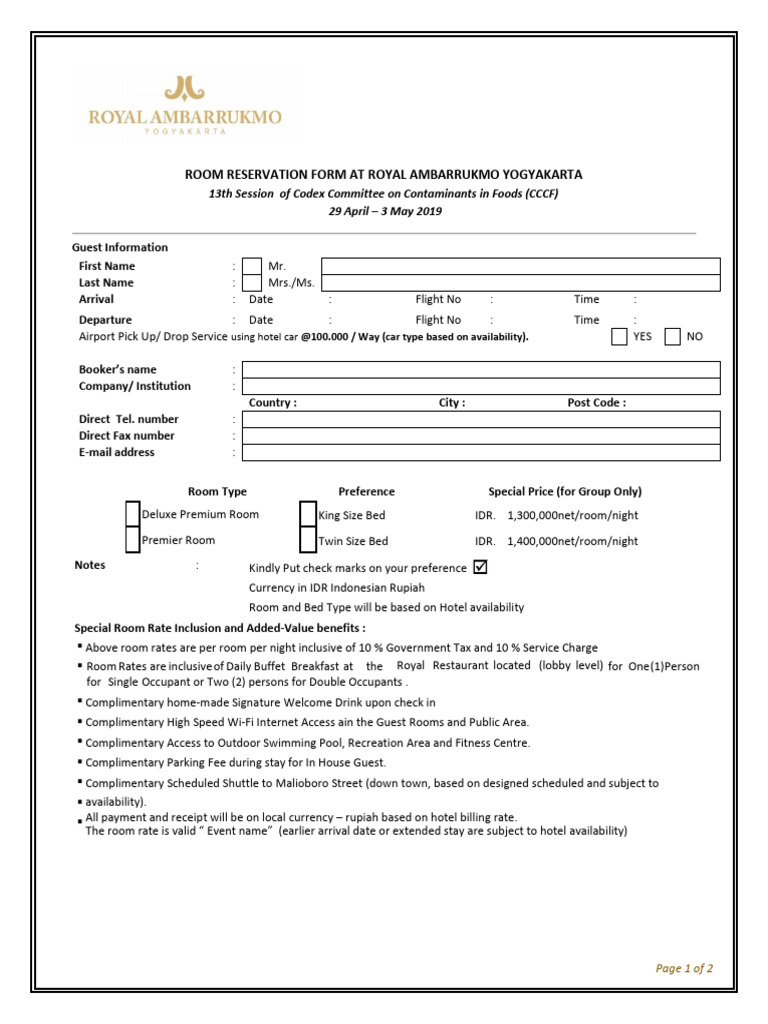 Royal Ambarrukmo Yogyakarta Reservation Form | PDF | Indonesian Rupiah ...