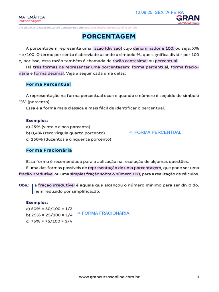 Aula 22 - Porcentagem | PDF | Decimal | Percentagem
