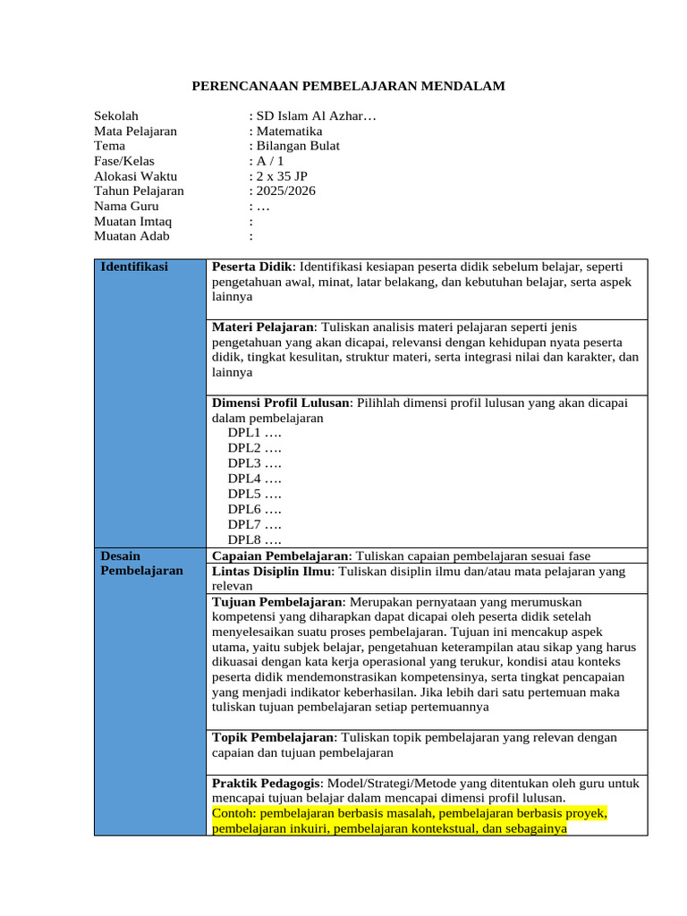 Template RPP Pembelajaran Mendalam | PDF