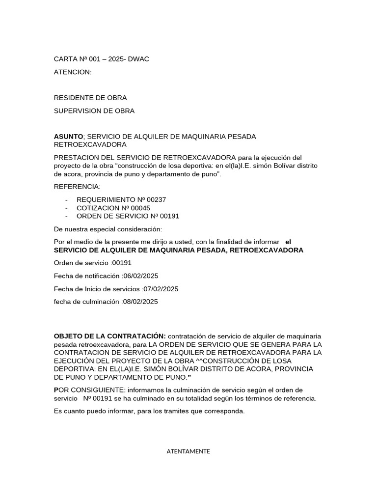 Alquiler de Retroexcavadora para Obra Puno | PDF